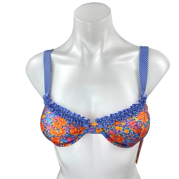 NEW Strawberry Milk Mob Disco Love Blue Coral Gingham Floral Bikini Top Size S - Picture 2 of 5